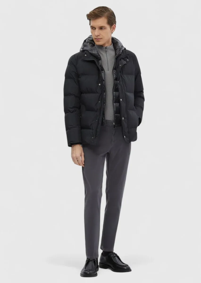 Siyah Regular Fit Kapüşonlu Casual Dokuma Mont - 4