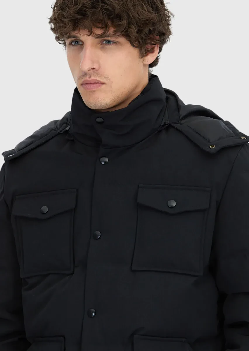 Siyah Regular Fit Kapüşonlu Casual Dokuma Mont - 3