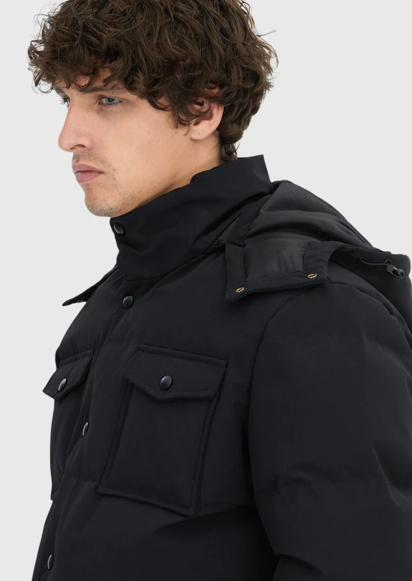 Siyah Regular Fit Kapüşonlu Casual Dokuma Mont - 4