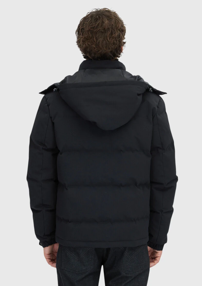 Siyah Regular Fit Kapüşonlu Casual Dokuma Mont - 6