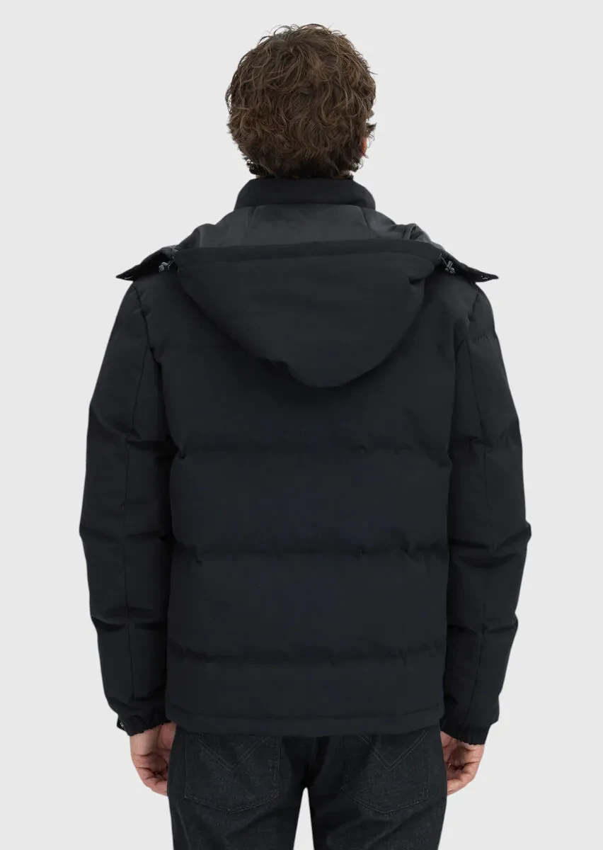 Siyah Regular Fit Kapüşonlu Casual Dokuma Mont - 6