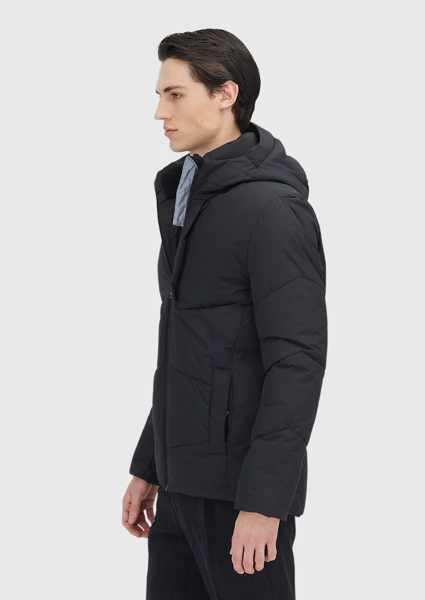 Siyah Regular Fit Kapüşonlu Casual Dokuma Mont - 3