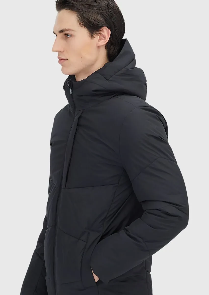 Siyah Regular Fit Kapüşonlu Casual Dokuma Mont - 4