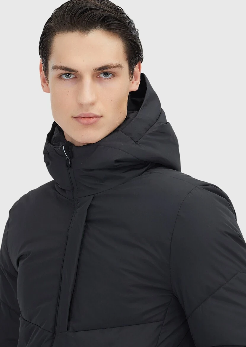 Siyah Regular Fit Kapüşonlu Casual Dokuma Mont - 5