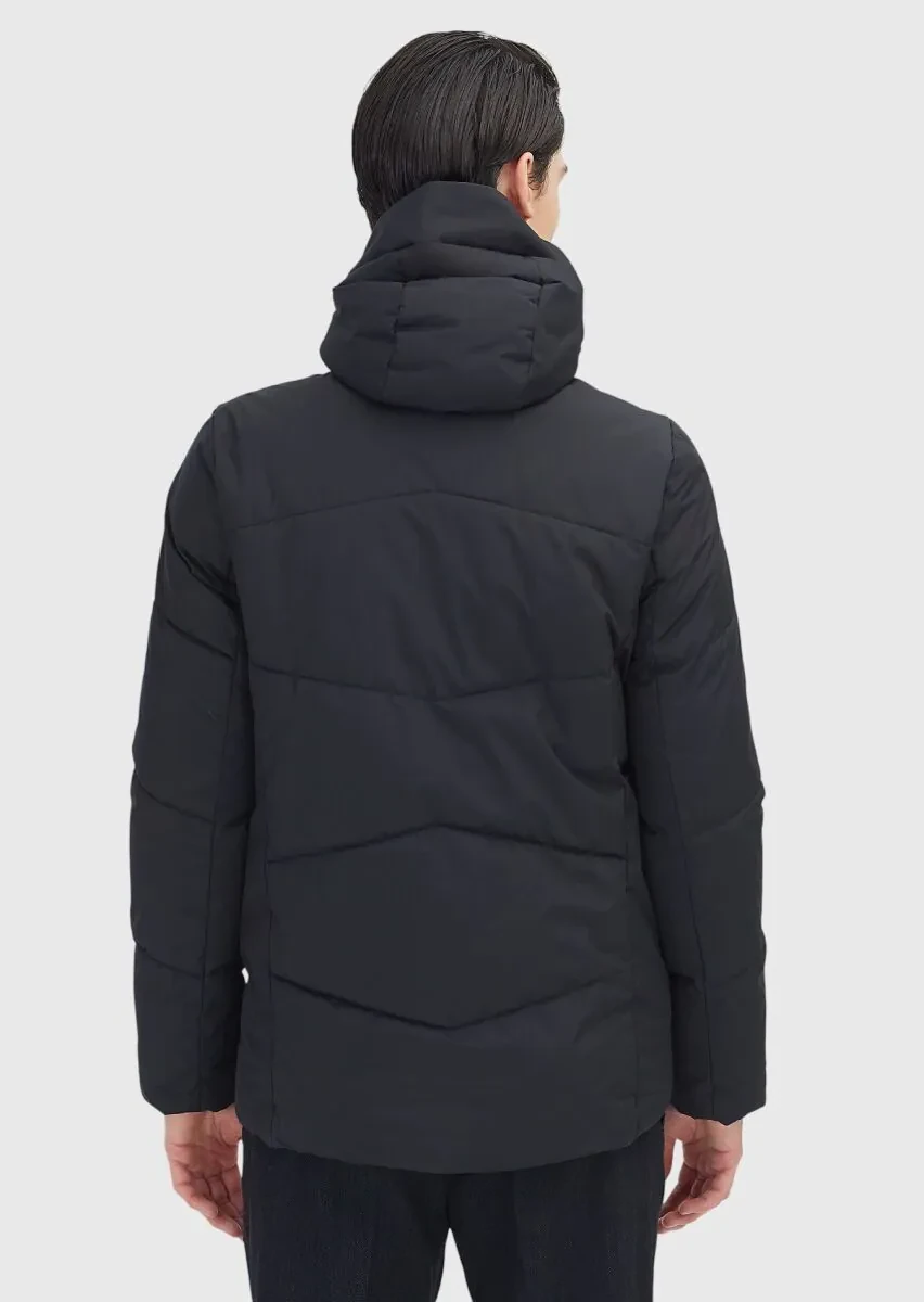 Siyah Regular Fit Kapüşonlu Casual Dokuma Mont - 6