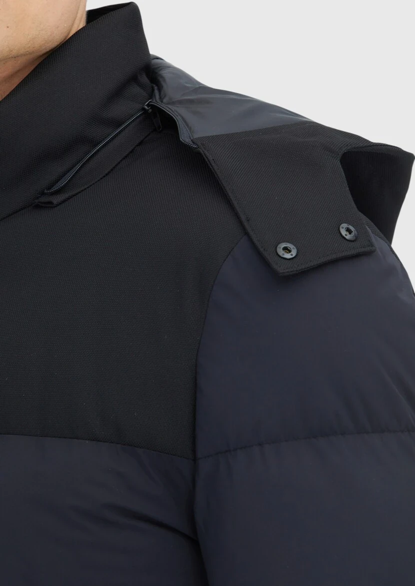 Siyah Regular Fit Kapüşonlu Klasik Dokuma Kaban - 5