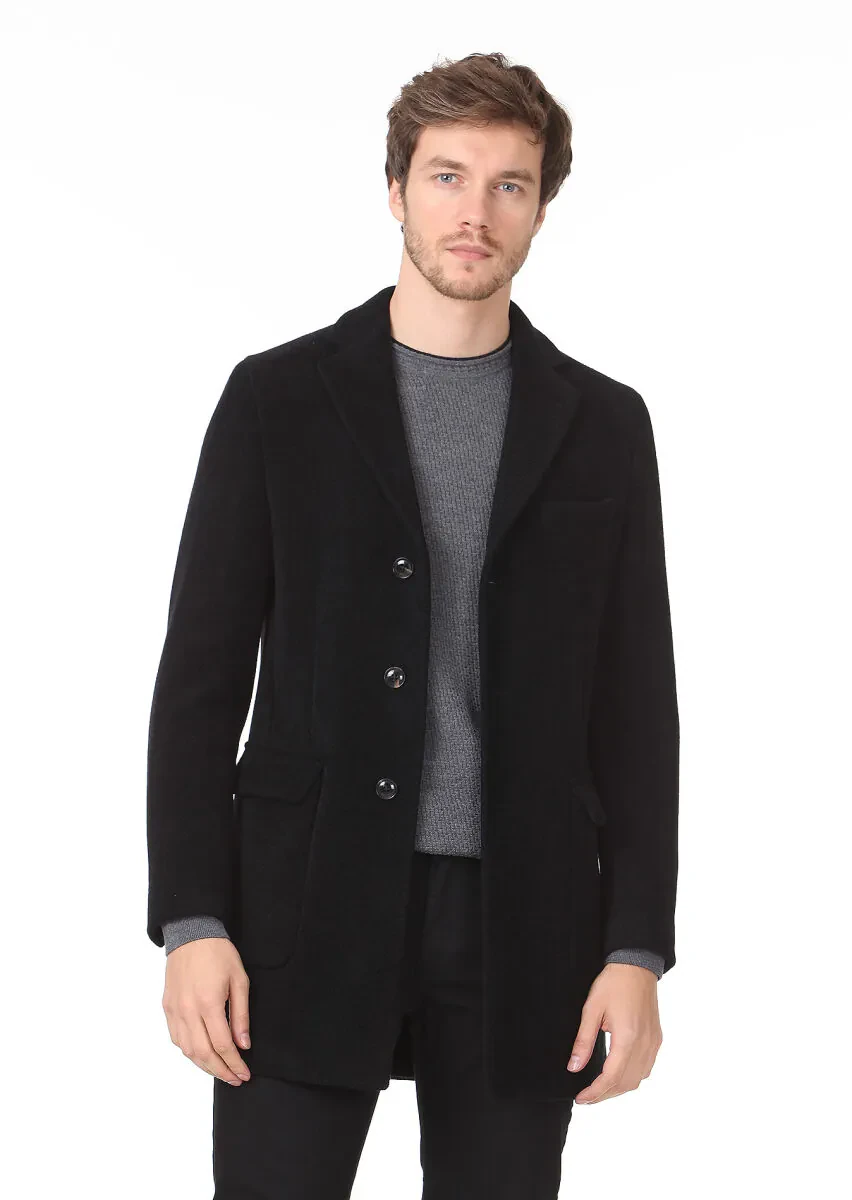 Siyah Regular Fit Kelebek Yaka Casual Dokuma Palto - 1