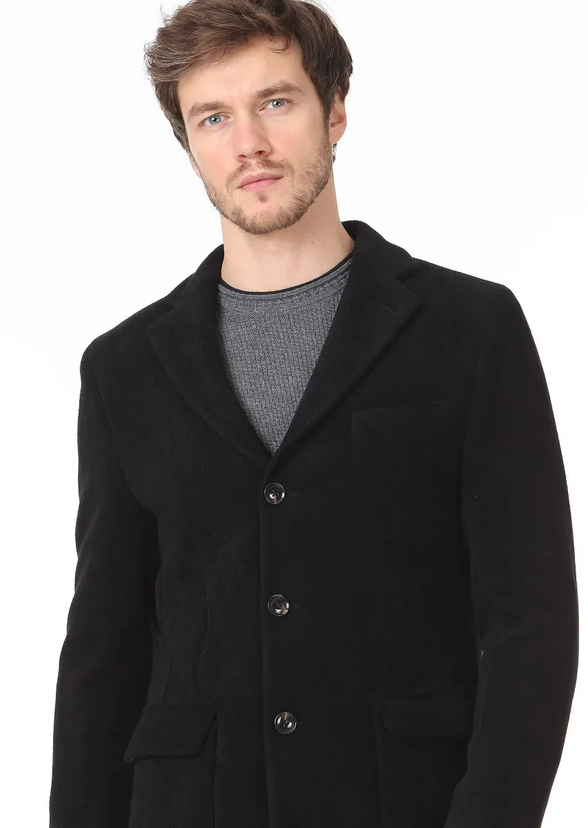 Siyah Regular Fit Kelebek Yaka Casual Dokuma Palto - 2