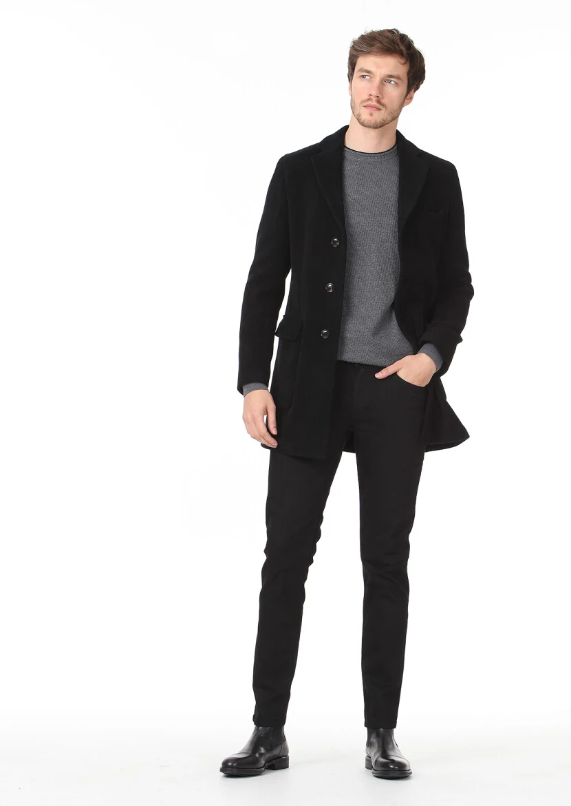 Siyah Regular Fit Kelebek Yaka Casual Dokuma Palto - 3