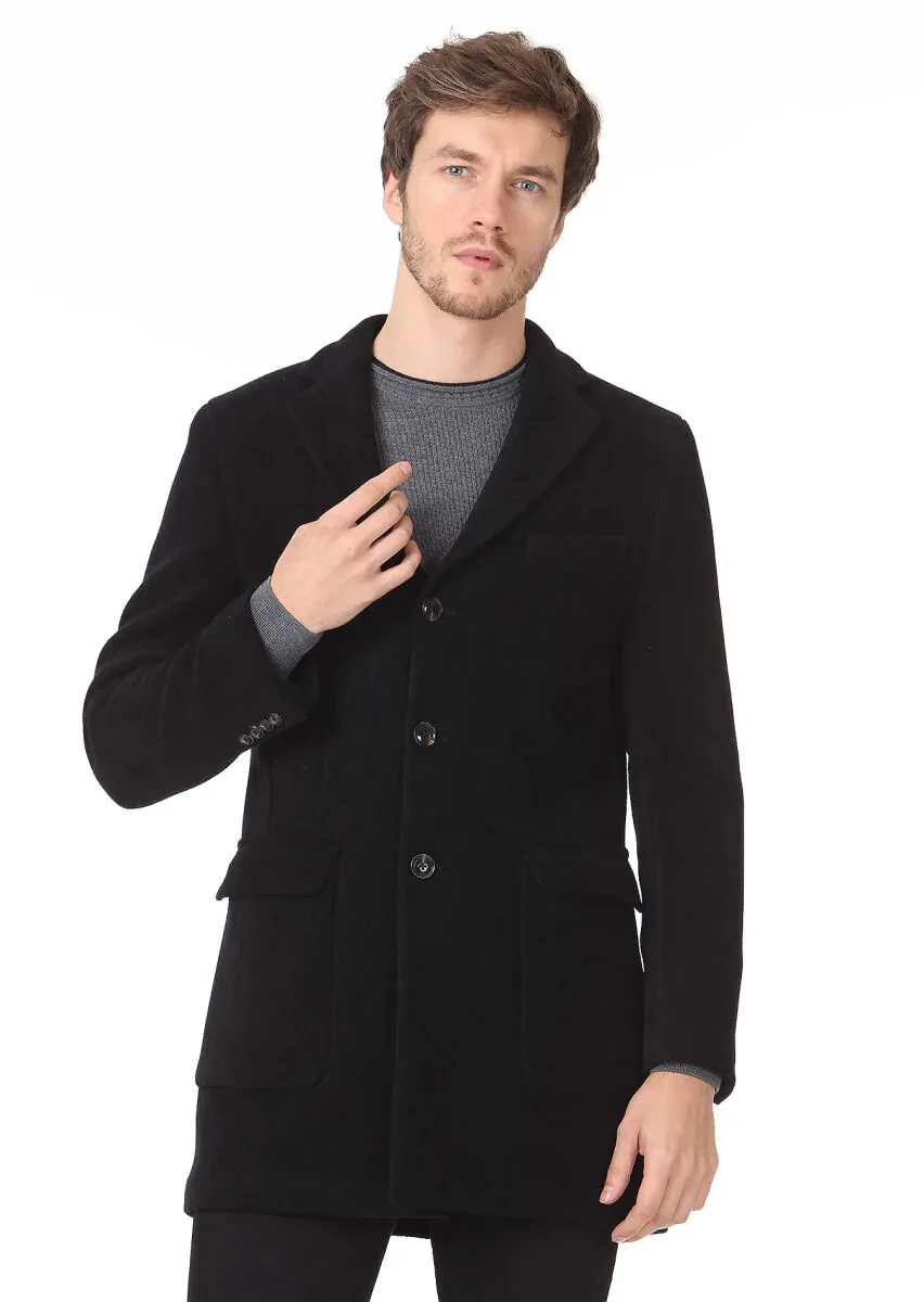 Siyah Regular Fit Kelebek Yaka Casual Dokuma Palto - 4