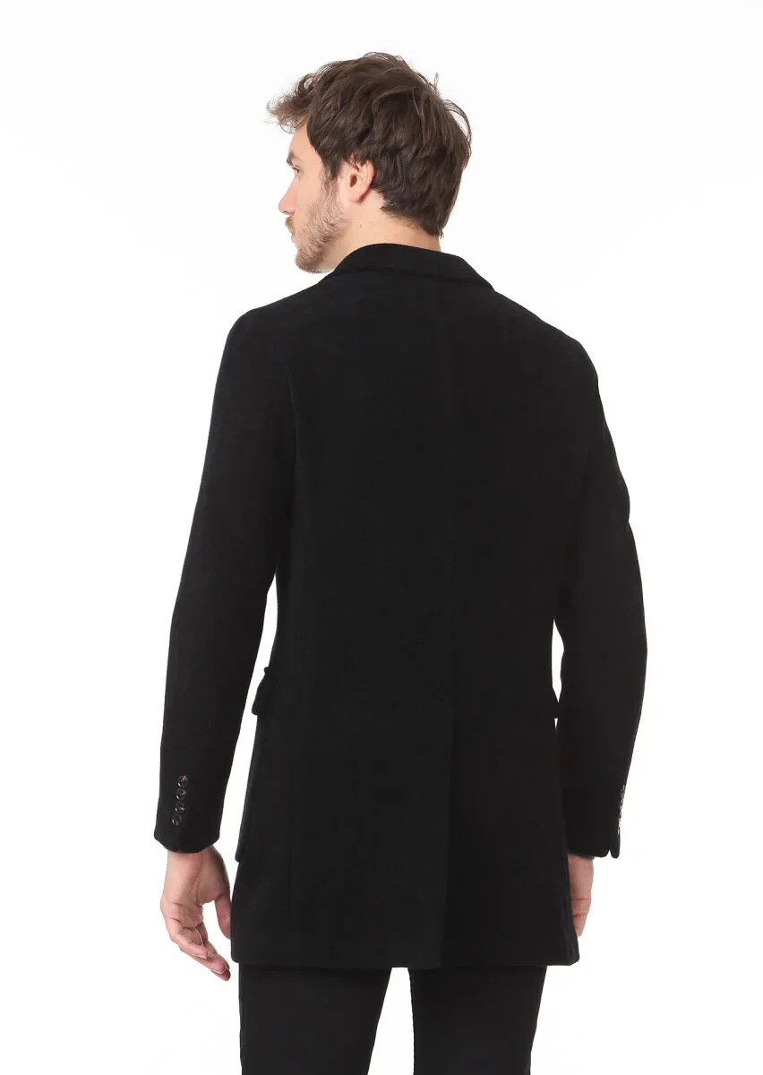 Siyah Regular Fit Kelebek Yaka Casual Dokuma Palto - 5