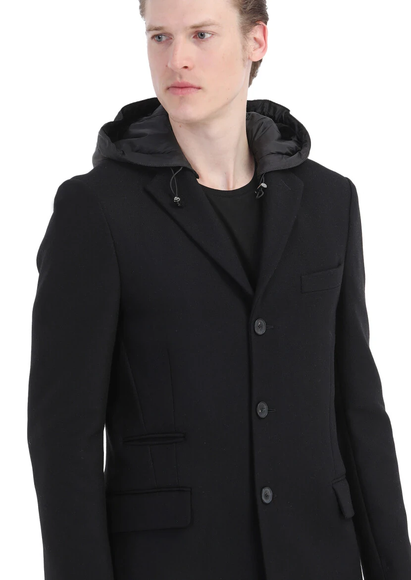 Siyah Regular Fit Kelebek Yaka Casual Dokuma Palto - 5