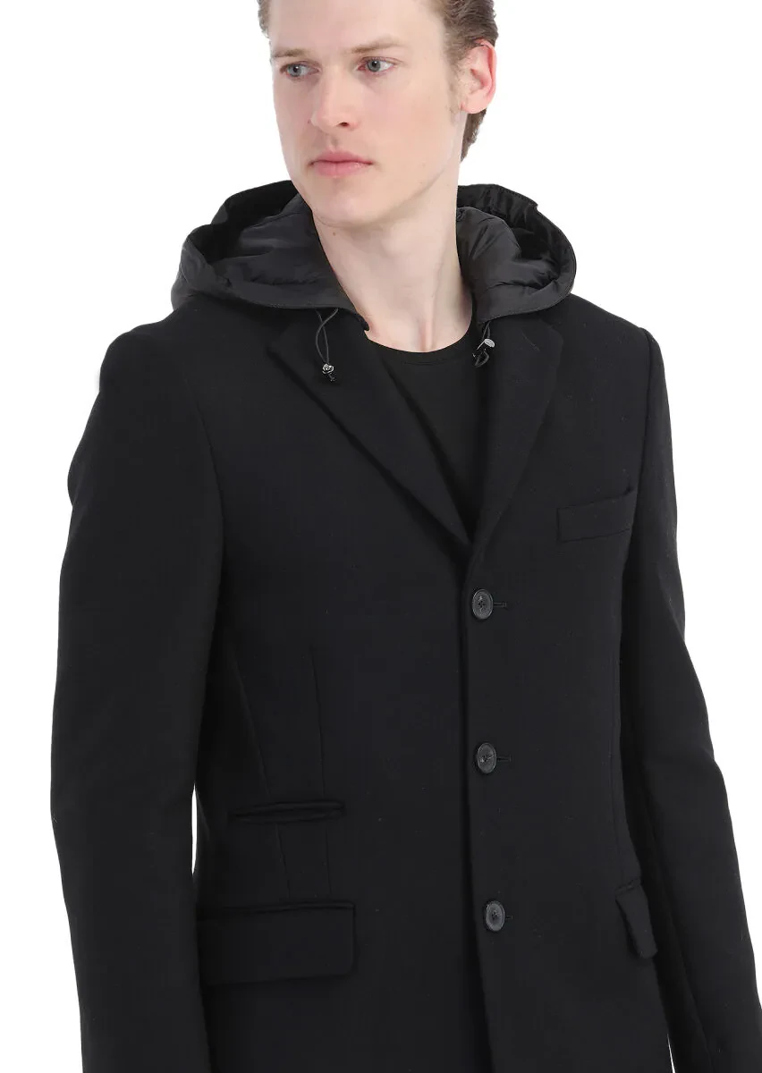 Siyah Regular Fit Kelebek Yaka Casual Dokuma Palto - 5