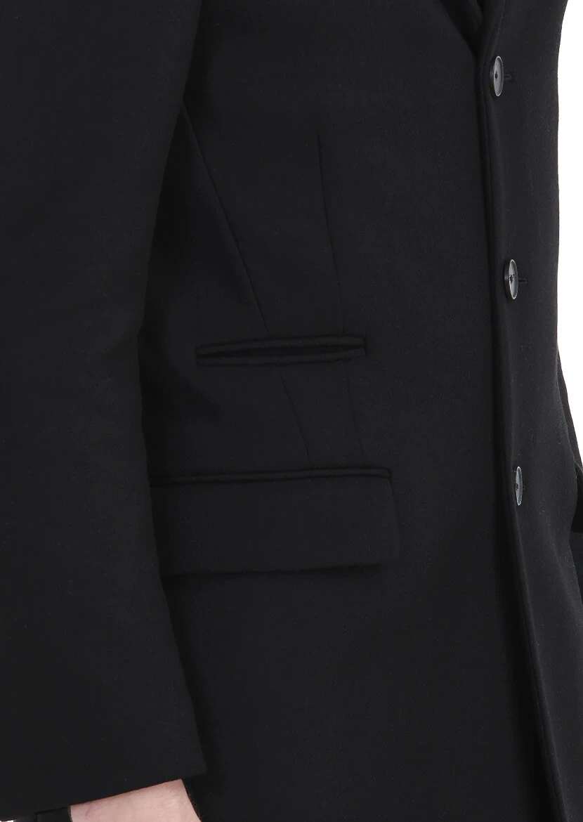 Siyah Regular Fit Kelebek Yaka Casual Dokuma Palto - 6