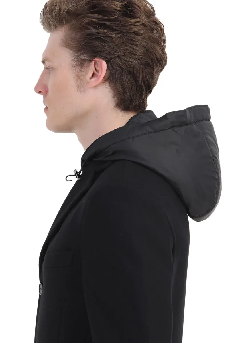 Siyah Regular Fit Kelebek Yaka Casual Dokuma Palto - 7