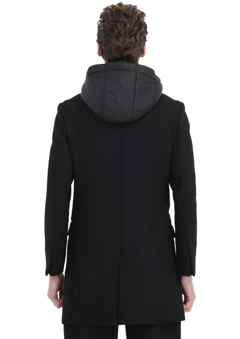 Siyah Regular Fit Kelebek Yaka Casual Dokuma Palto - 8