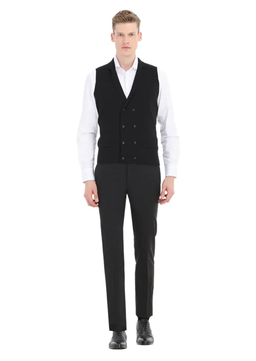 Siyah Regular Fit Kelebek Yaka Casual Örme Triko Yelek - 2