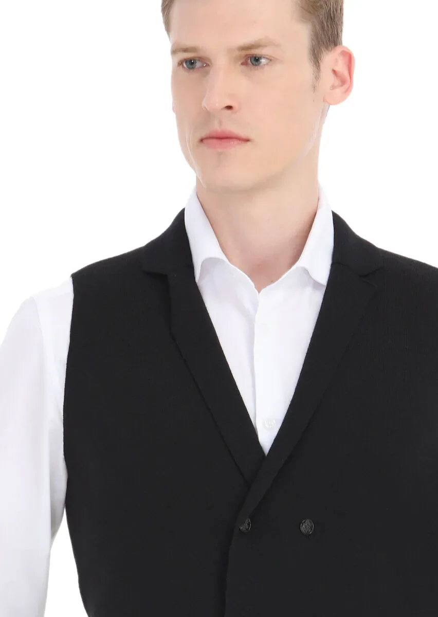 Siyah Regular Fit Kelebek Yaka Casual Örme Triko Yelek - 3