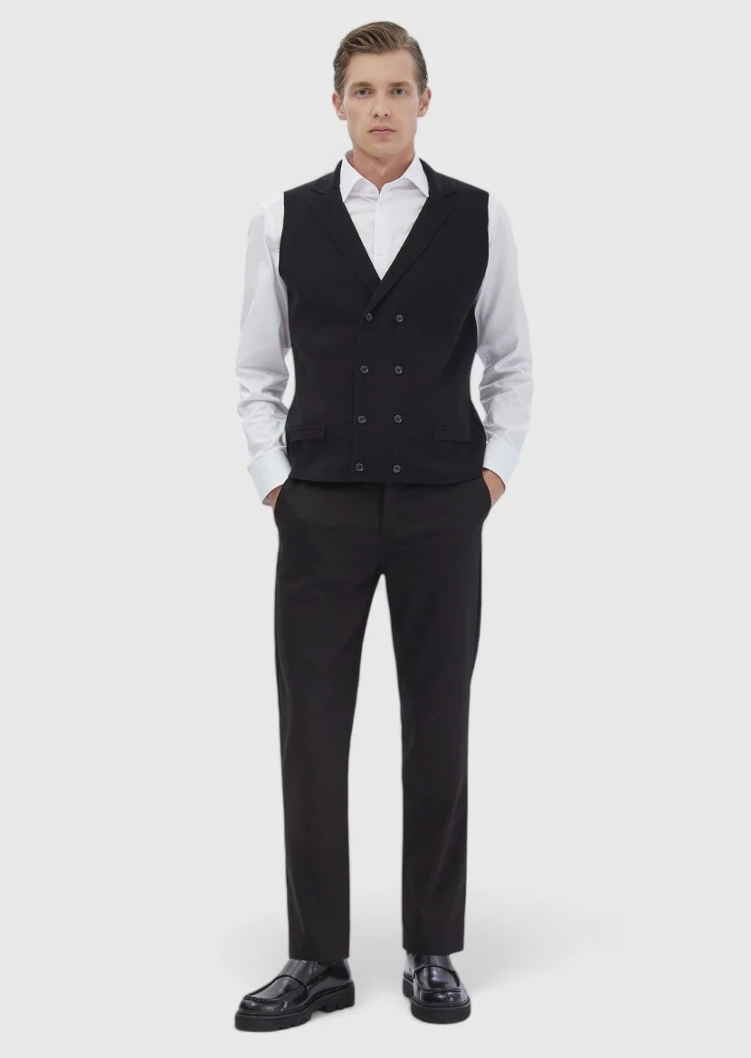 Siyah Regular Fit Kelebek Yaka Casual Örme Triko Yelek - RAMSEY