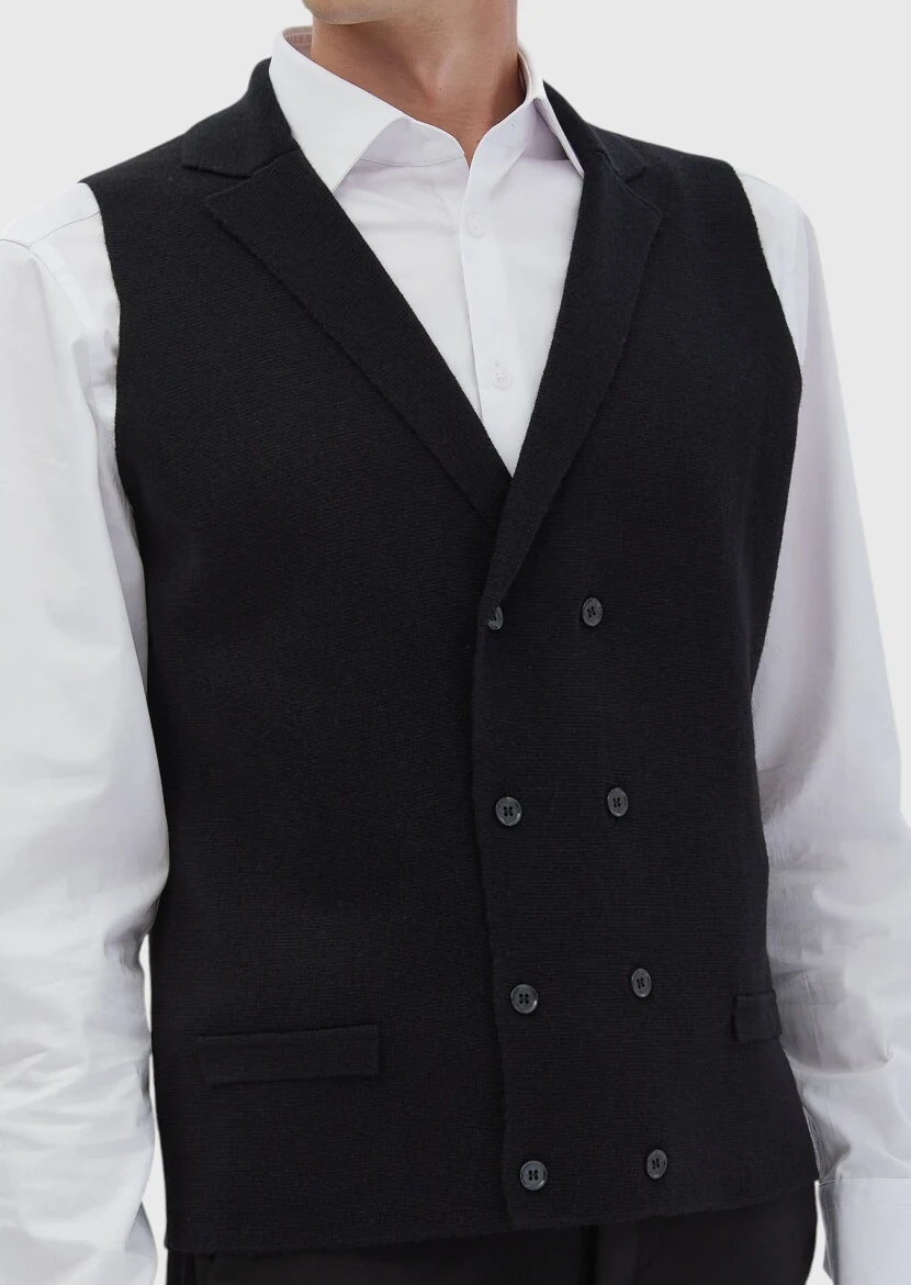 Siyah Regular Fit Kelebek Yaka Casual Örme Triko Yelek - 3