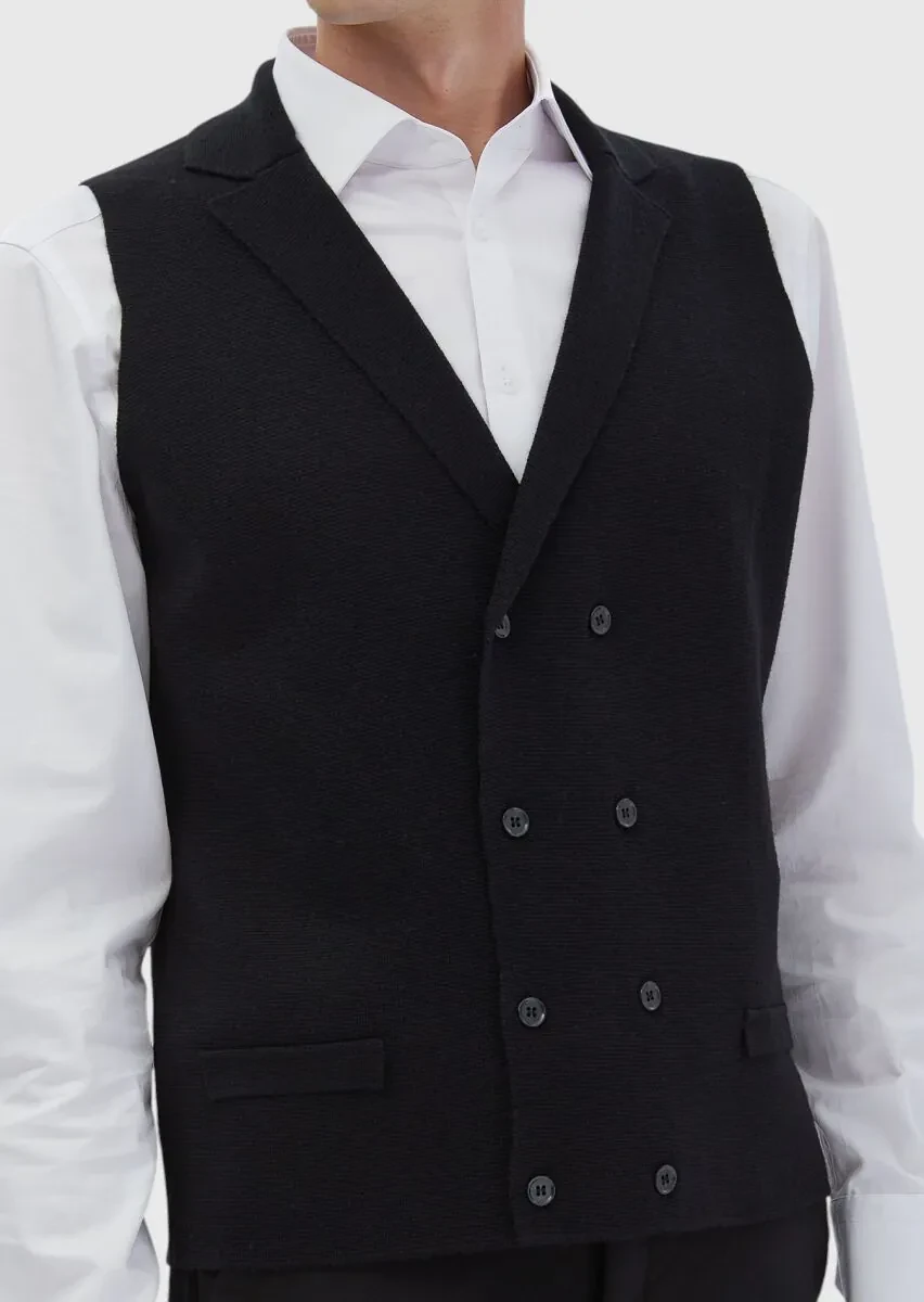 Siyah Regular Fit Kelebek Yaka Casual Örme Triko Yelek - 3