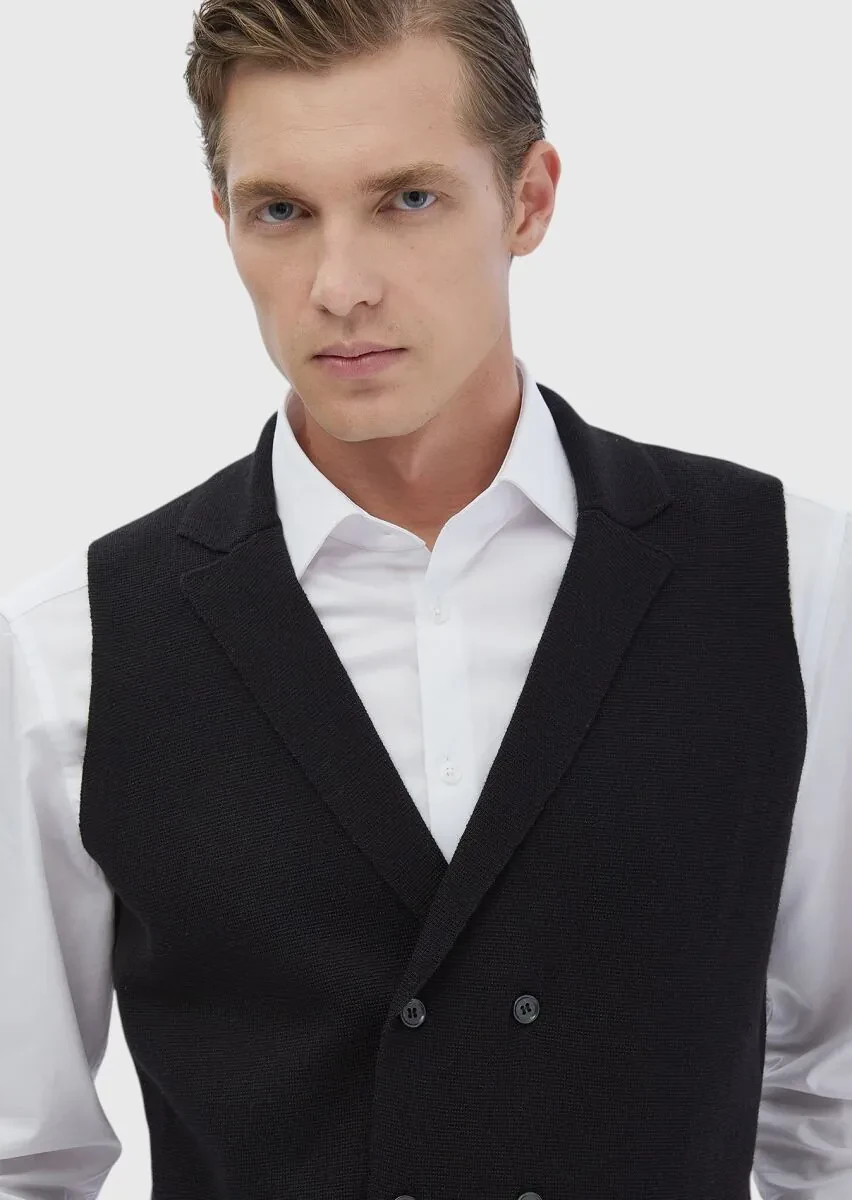 Siyah Regular Fit Kelebek Yaka Casual Örme Triko Yelek - 4