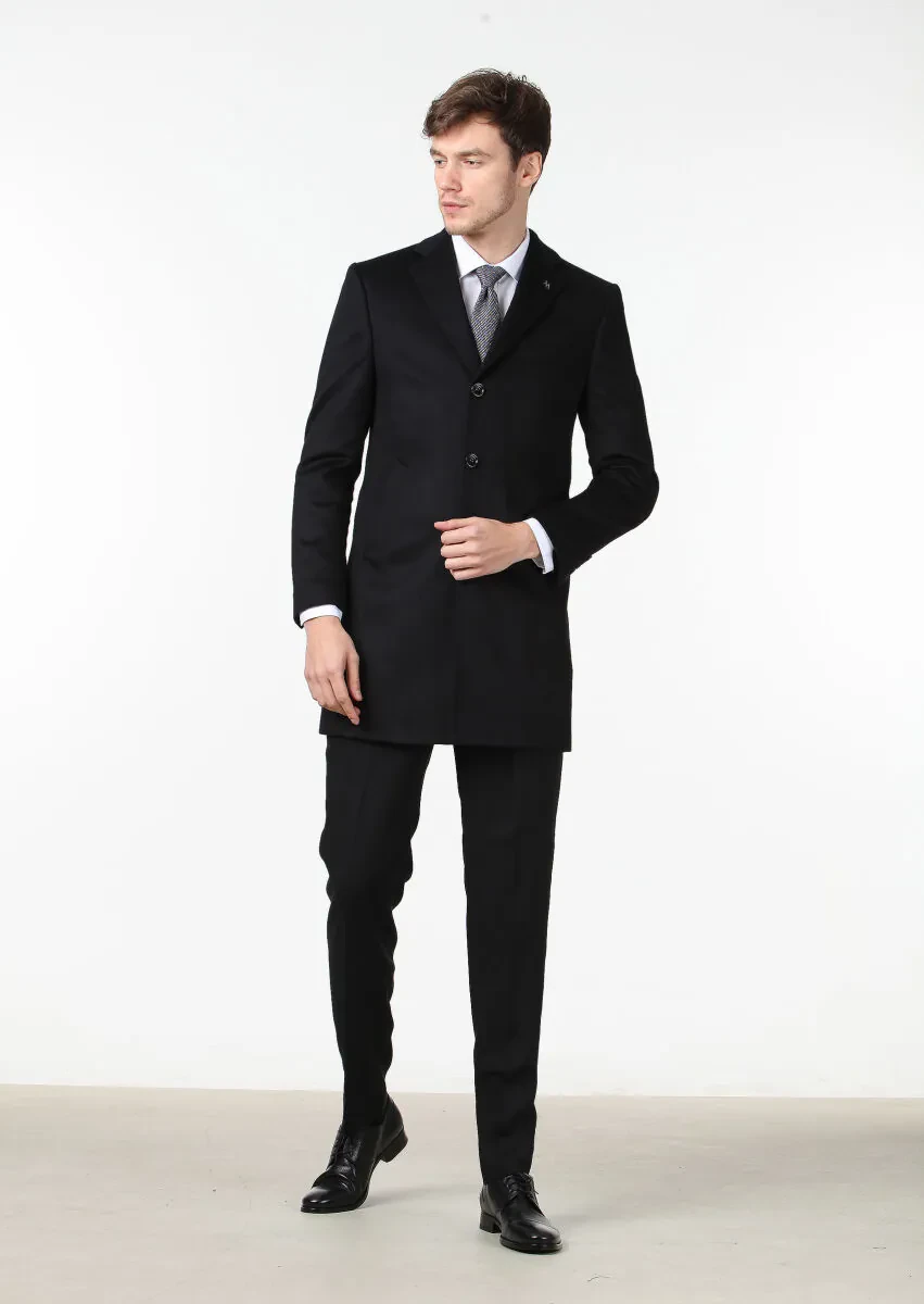 Siyah Regular Fit Kelebek Yaka Klasik Dokuma Palto - 3