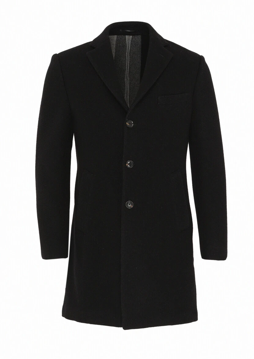 Siyah Regular Fit Kelebek Yaka Klasik Dokuma Palto - 1