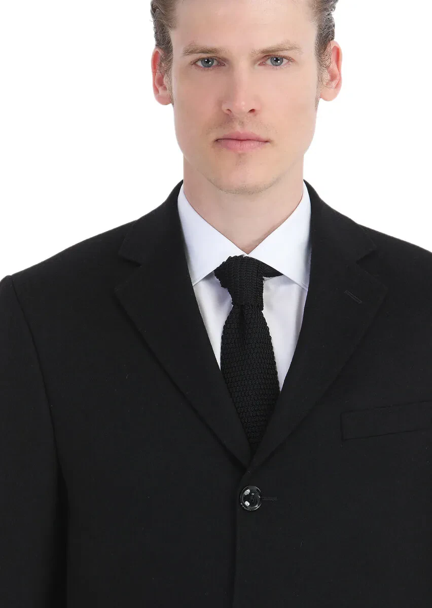 Siyah Regular Fit Kelebek Yaka Klasik Dokuma Palto - 4