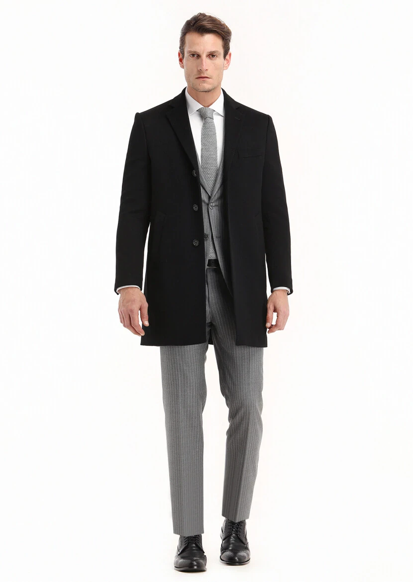 Siyah Regular Fit Kelebek Yaka Klasik Dokuma Palto - 1