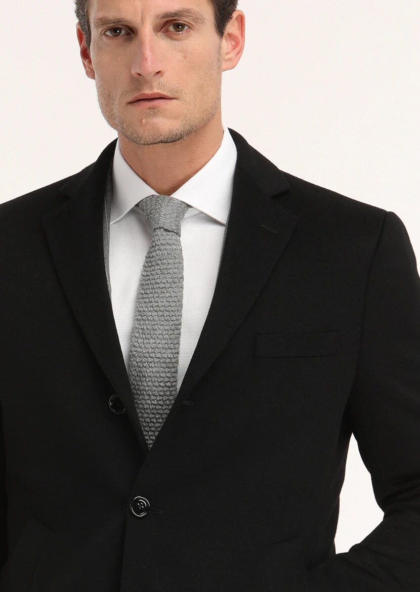 Siyah Regular Fit Kelebek Yaka Klasik Dokuma Palto - 2