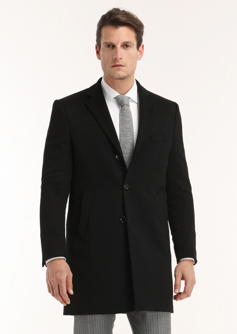 Siyah Regular Fit Kelebek Yaka Klasik Dokuma Palto - 3