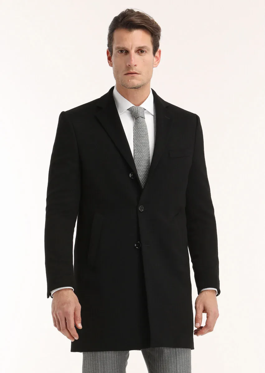 Siyah Regular Fit Kelebek Yaka Klasik Dokuma Palto - 3