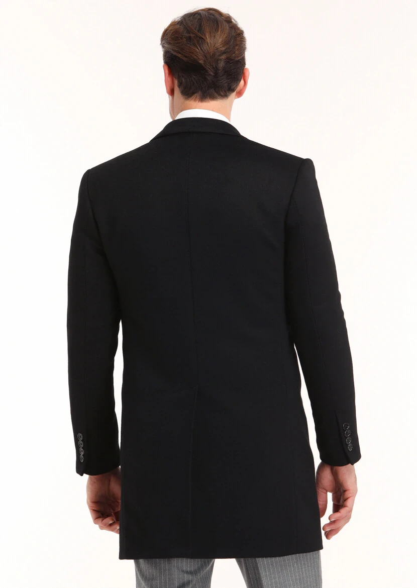Siyah Regular Fit Kelebek Yaka Klasik Dokuma Palto - 4