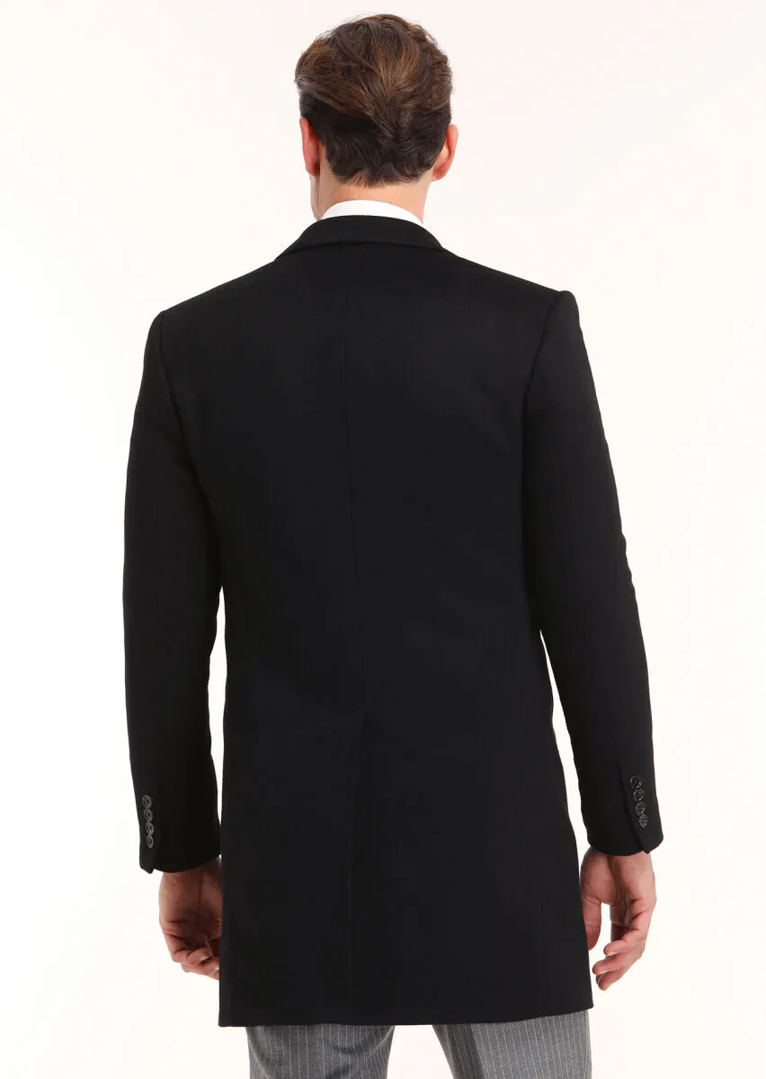 Siyah Regular Fit Kelebek Yaka Klasik Dokuma Palto - 4