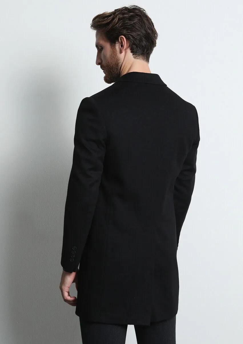 Siyah Regular Fit Kelebek Yaka Klasik Dokuma Palto - 5
