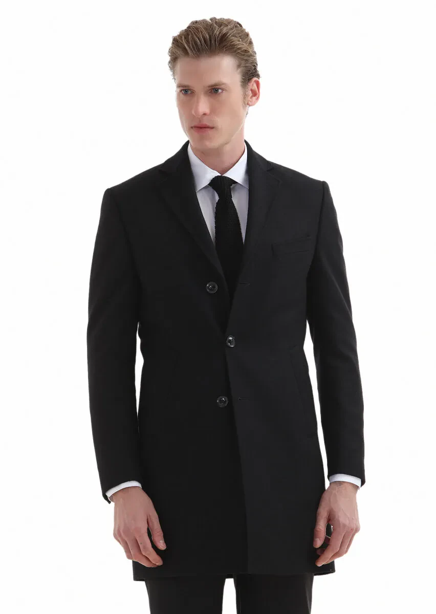 Siyah Regular Fit Kelebek Yaka Klasik Dokuma Palto - 2