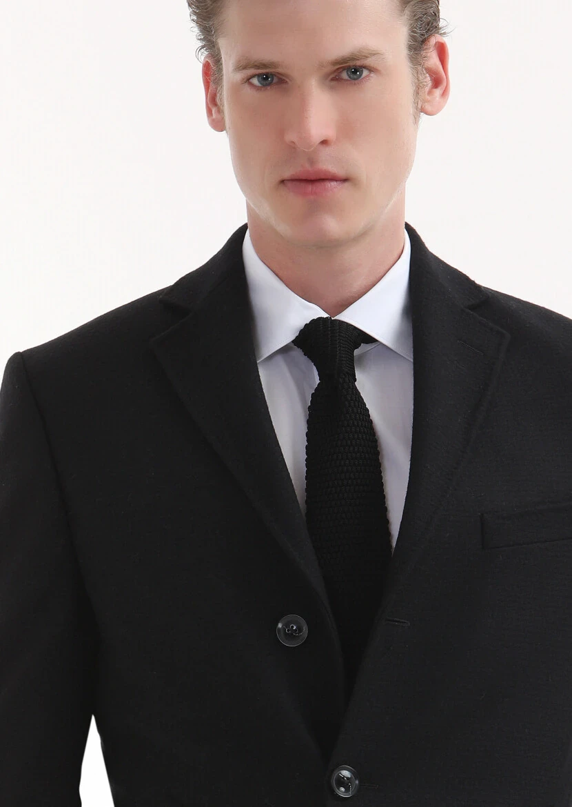 Siyah Regular Fit Kelebek Yaka Klasik Dokuma Palto - 3