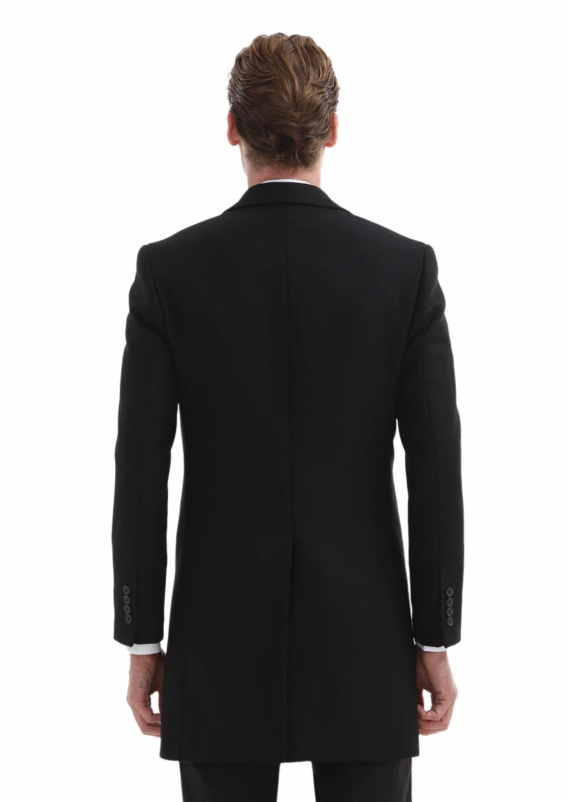 Siyah Regular Fit Kelebek Yaka Klasik Dokuma Palto - 5