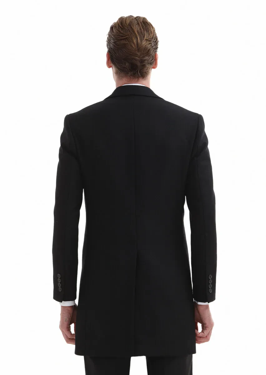 Siyah Regular Fit Kelebek Yaka Klasik Dokuma Palto - 5