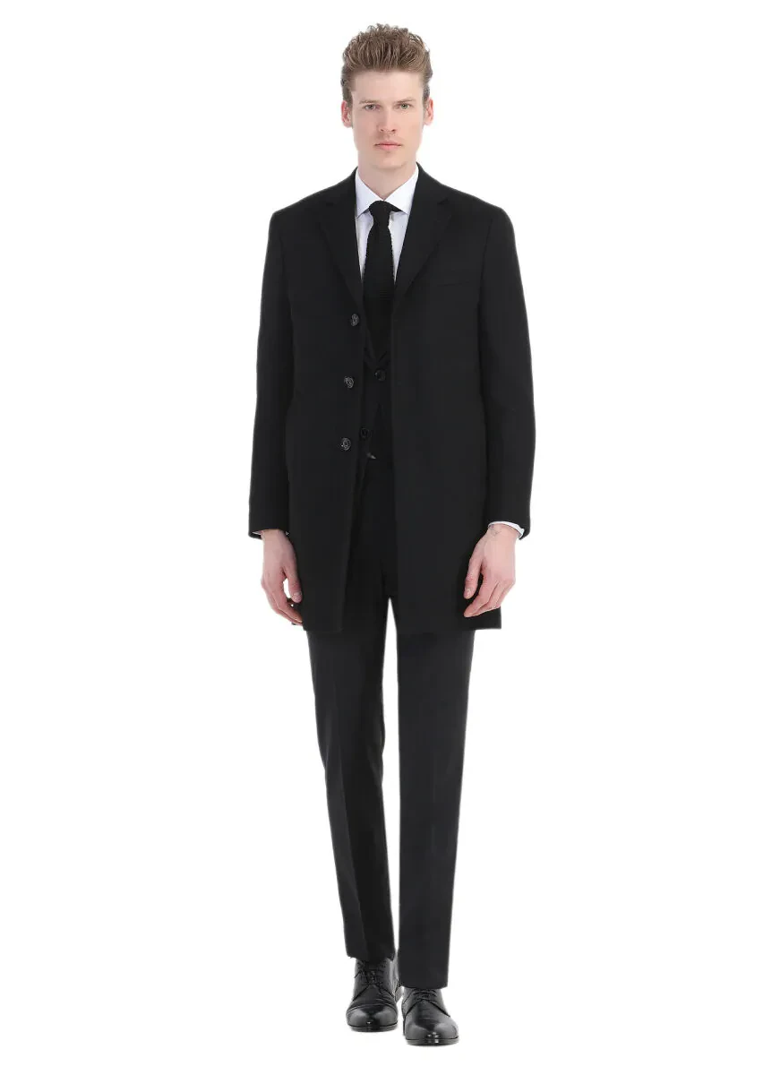 Siyah Regular Fit Kelebek Yaka Klasik Dokuma Palto - 2