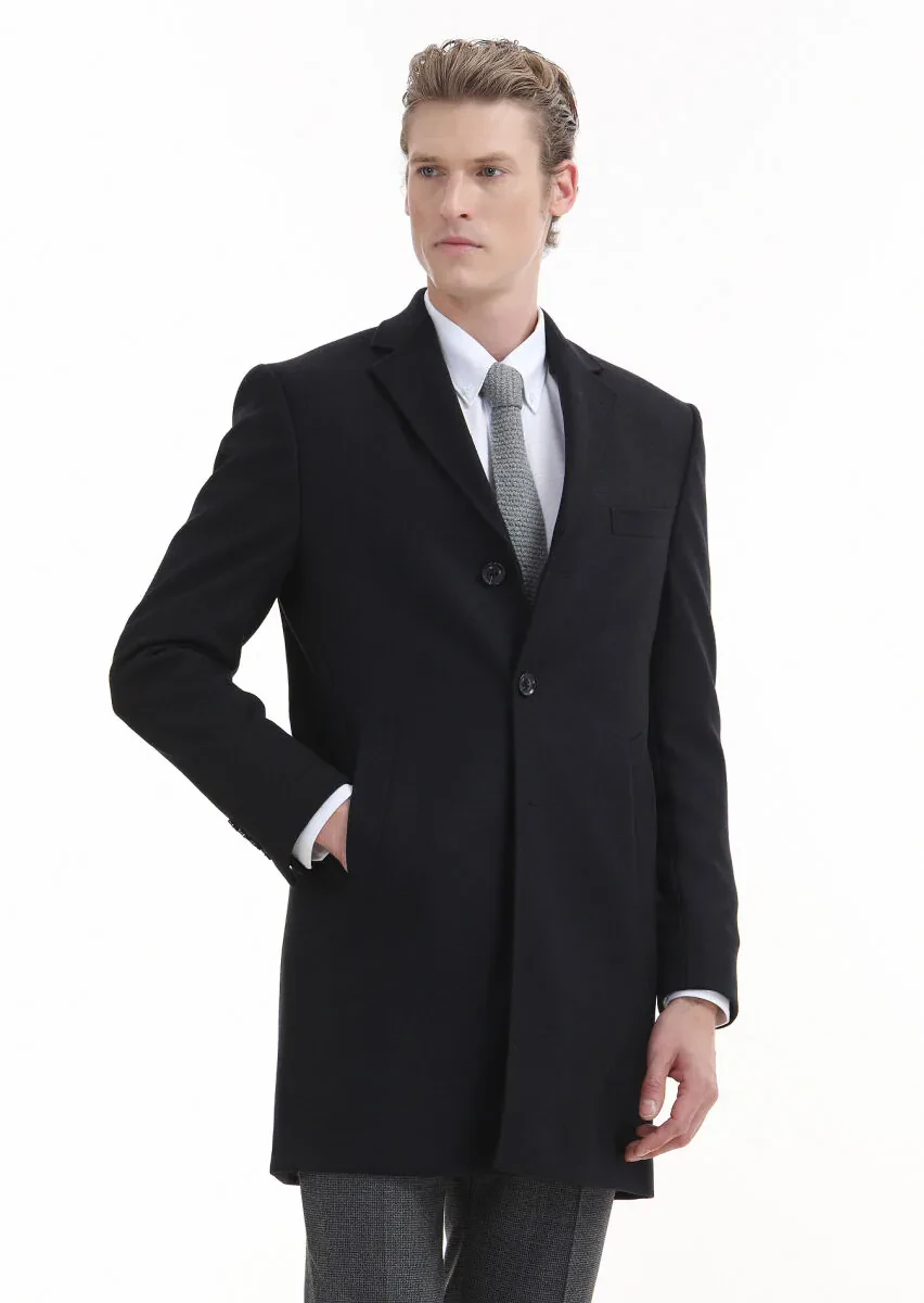 Siyah Regular Fit Kelebek Yaka Klasik Dokuma Palto - 3