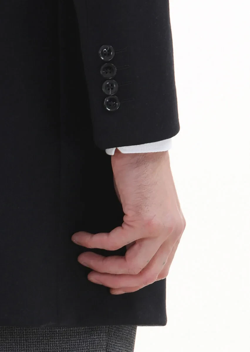 Siyah Regular Fit Kelebek Yaka Klasik Dokuma Palto - 5