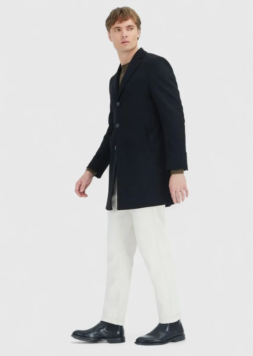 Siyah Regular Fit Kelebek Yaka Klasik Dokuma Palto - 2