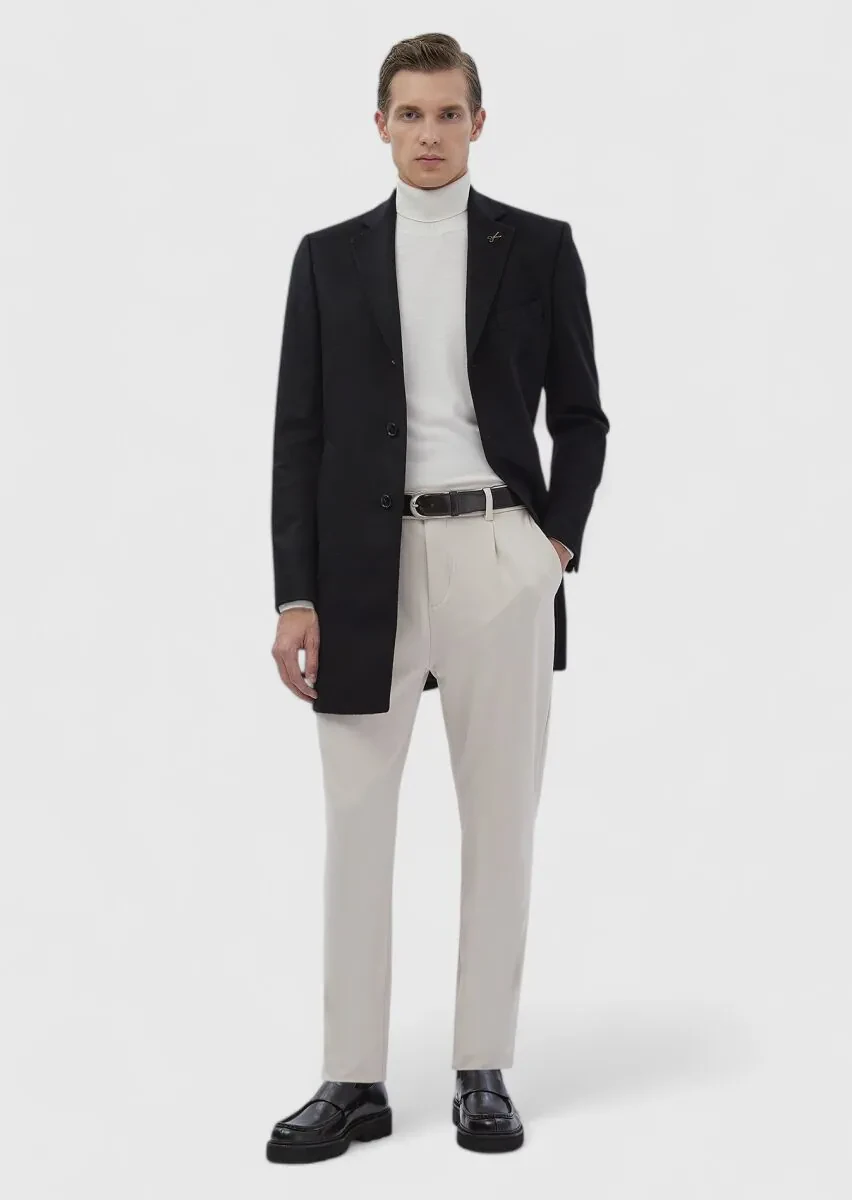 Siyah Regular Fit Kelebek Yaka Klasik Dokuma Palto - 3