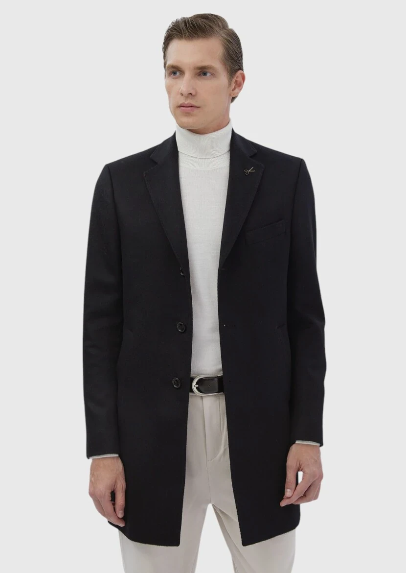 Siyah Regular Fit Kelebek Yaka Klasik Dokuma Palto - 4