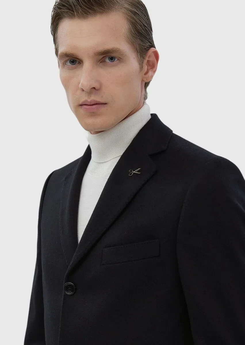 Siyah Regular Fit Kelebek Yaka Klasik Dokuma Palto - 6