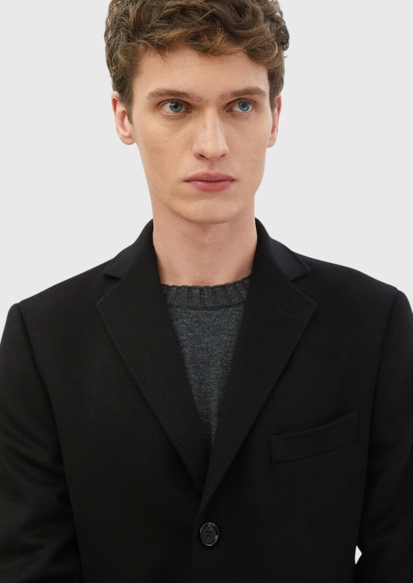 Siyah Regular Fit Kelebek Yaka Klasik Dokuma Palto - 4