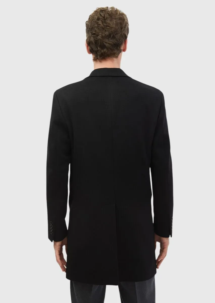 Siyah Regular Fit Kelebek Yaka Klasik Dokuma Palto - 5