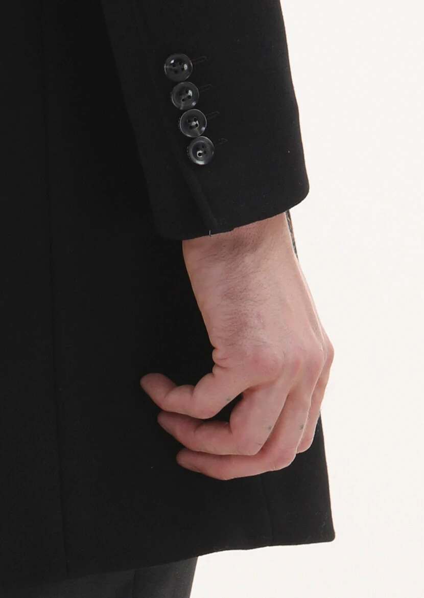 Siyah Regular Fit Kruvaze Yaka Casual Dokuma Palto - 4